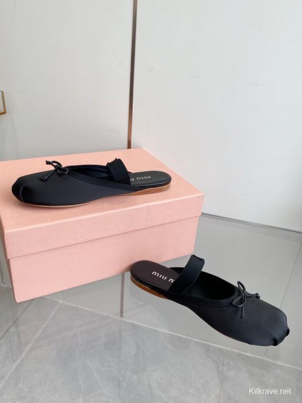 2025 Women Miu Miu Black Nylon Ballet Flats LY00380