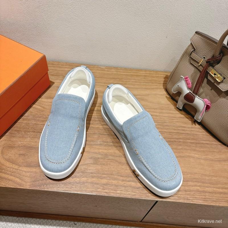 2025 Unisex Hermès Light Blue Canvas Leather Loafers AS00380