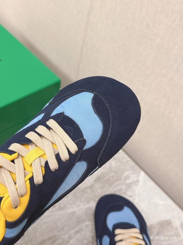 2025 Unisex Bottega Veneta Blue Yellow Nylon Suede Sneakers KFY00290
