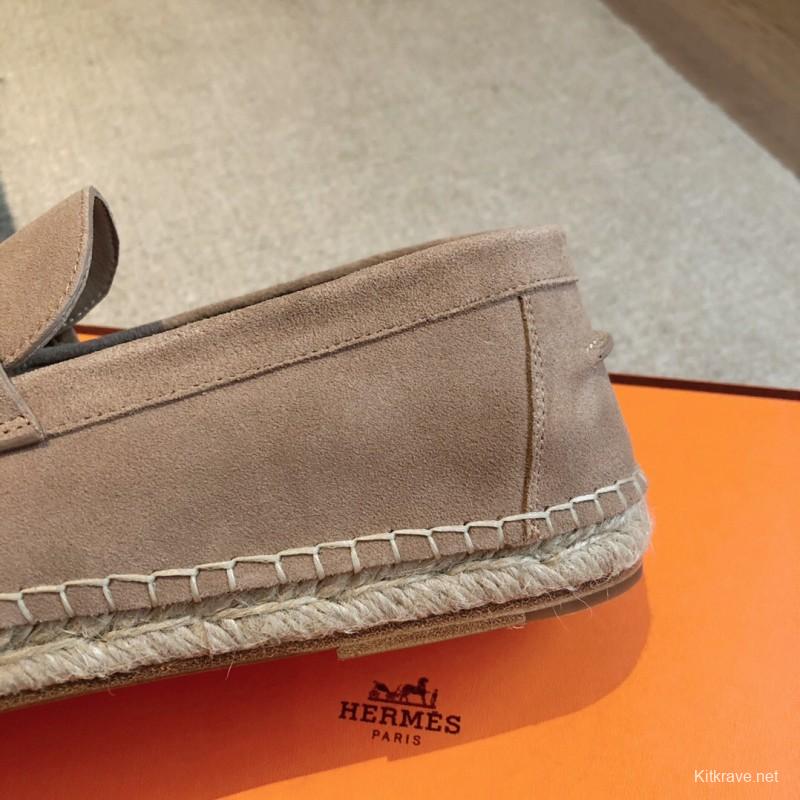 2025 Unisex Hermès Beige Suede Calfskin Loafers AS00380