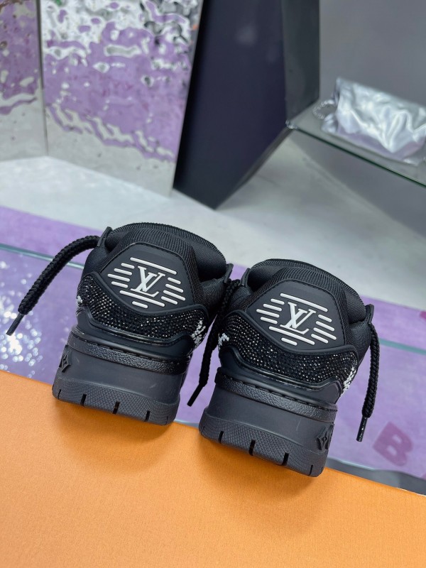 2025 Women Louis Vuitton Black Crystal Trainer Leather Plimsolls Bing Bing AS00420