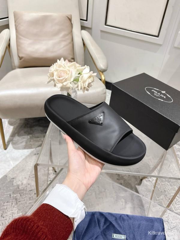 2025 Men Prada Black Leather Slippers KFY00220