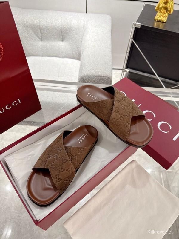 2025 Women Gucci Brown Suede Slippers GG Embossed AS00240