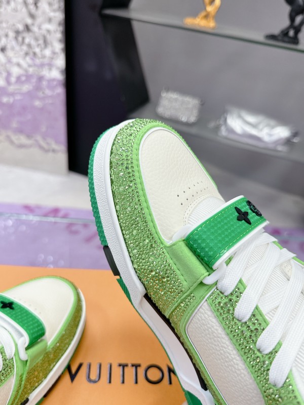 2025 Unisex Louis Vuitton Green White Leather Fabric Plimsolls Handmade Crystal Detailing AS00400