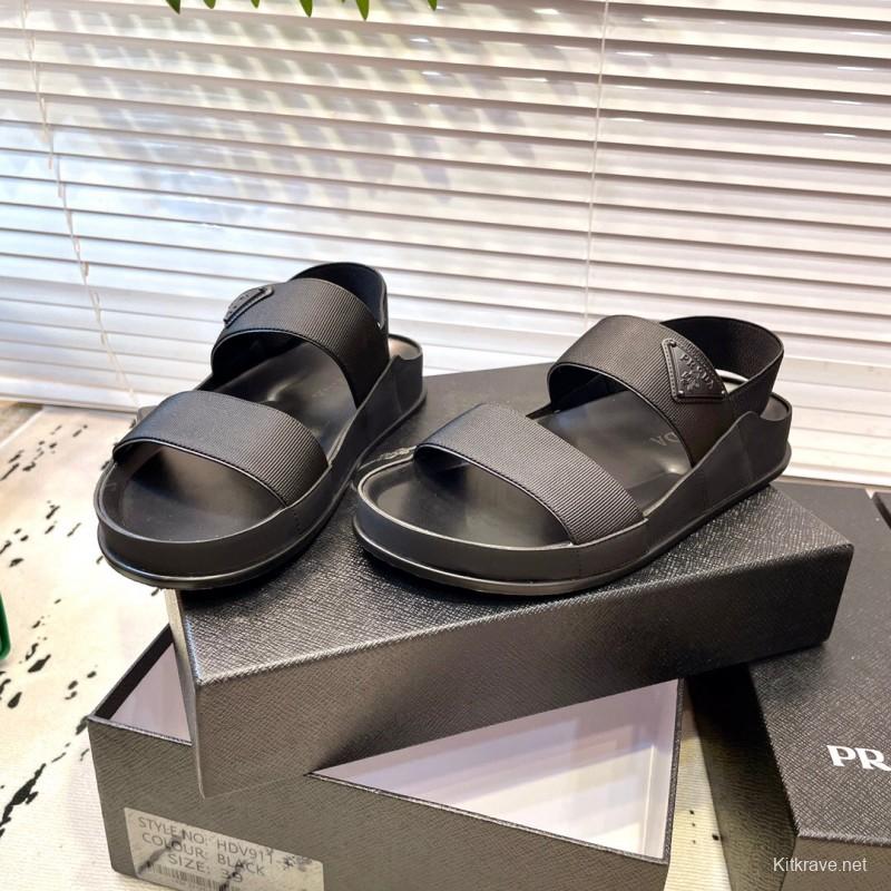 2025 Men Prada Black Fabric Sandals Original Sole KFY00230