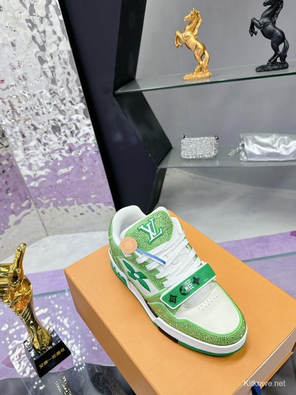 2025 Unisex Louis Vuitton Green White Leather Fabric Plimsolls Handmade Crystal Detailing AS00400