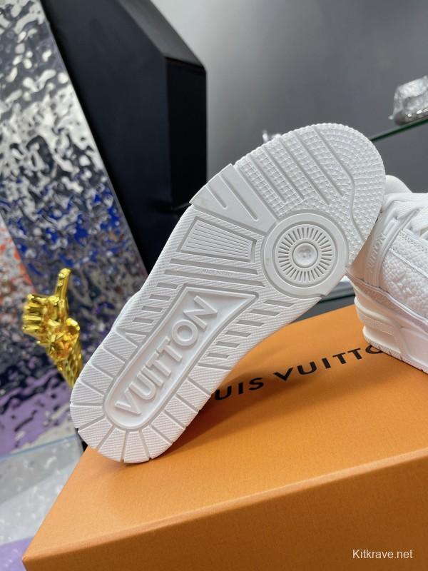 2025 Unisex Louis Vuitton White Leather Denim Trainers With Beads AS00400