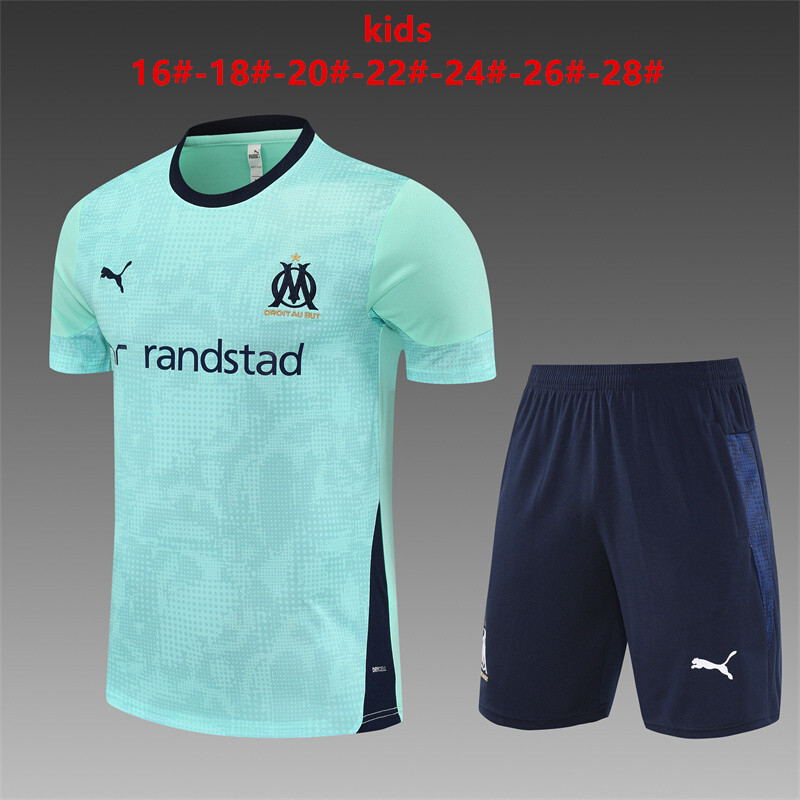 25/26 Kids Olympique de MarseilleLake Blue Camouflage Short Sleeve+Soccer Shorts
