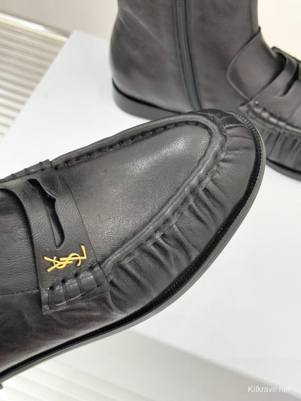 Saint Laurent YSL Letter Loaf Short Boots with Pleated Trim - KFY00430