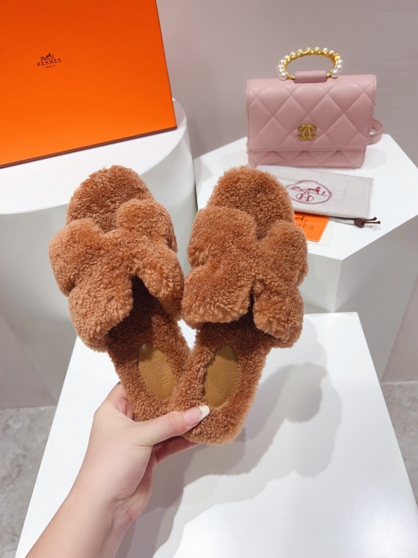 H Teddy Wool H Slippers Flat Sole Fur Slides - LY00240