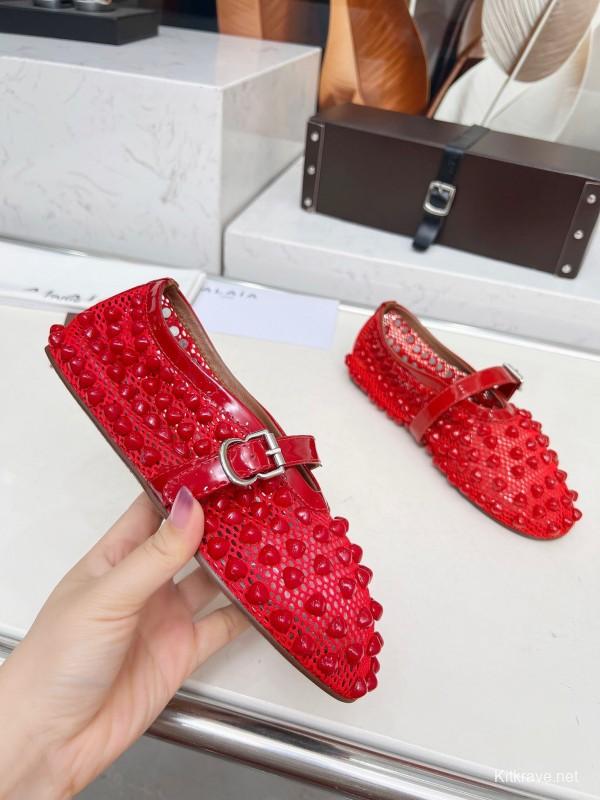 Alaia 2025/SS Beaded Openwork Ballet Dance Shoes with Mixed Lamb Leather Insole and 0.8CM Inner Height - LY00280