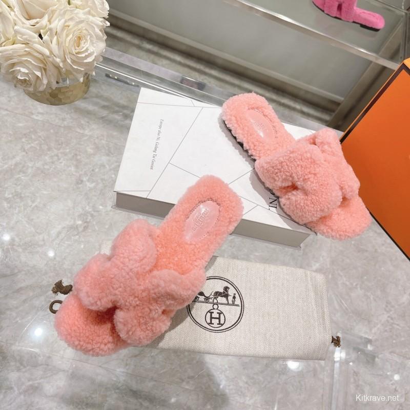 H Teddy Wool H Slippers Flat Sole Autumn Winter - LY00240