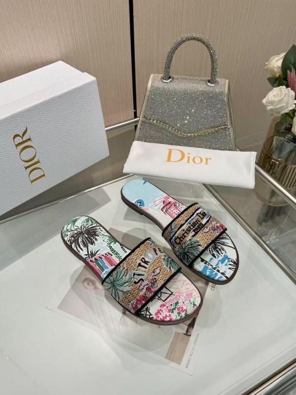 Dior 2025 SS CD Embroidered Monogram Slippers with Sheepskin Lining - LY00200