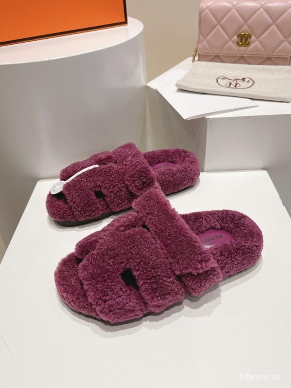 H Love Erjiu Full Wool Slippers with Wavy Fur Design - LY00270
