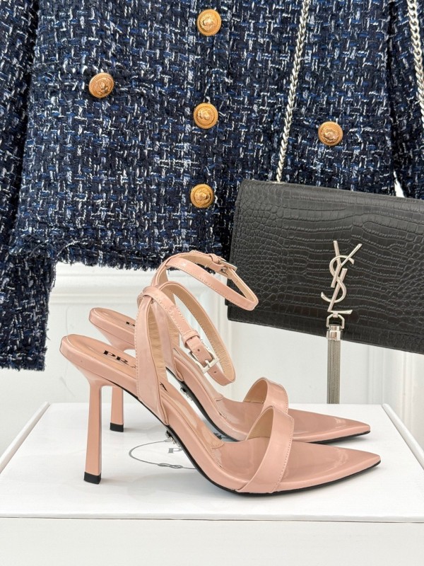 Prada 2025 SS Pointed Toe High Heel Sandals with Triangle Buckle - KFY00280