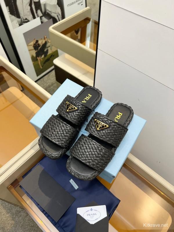 Prada 2025 SS Raffia Handwoven Open-Toe Sandals - KFY00260