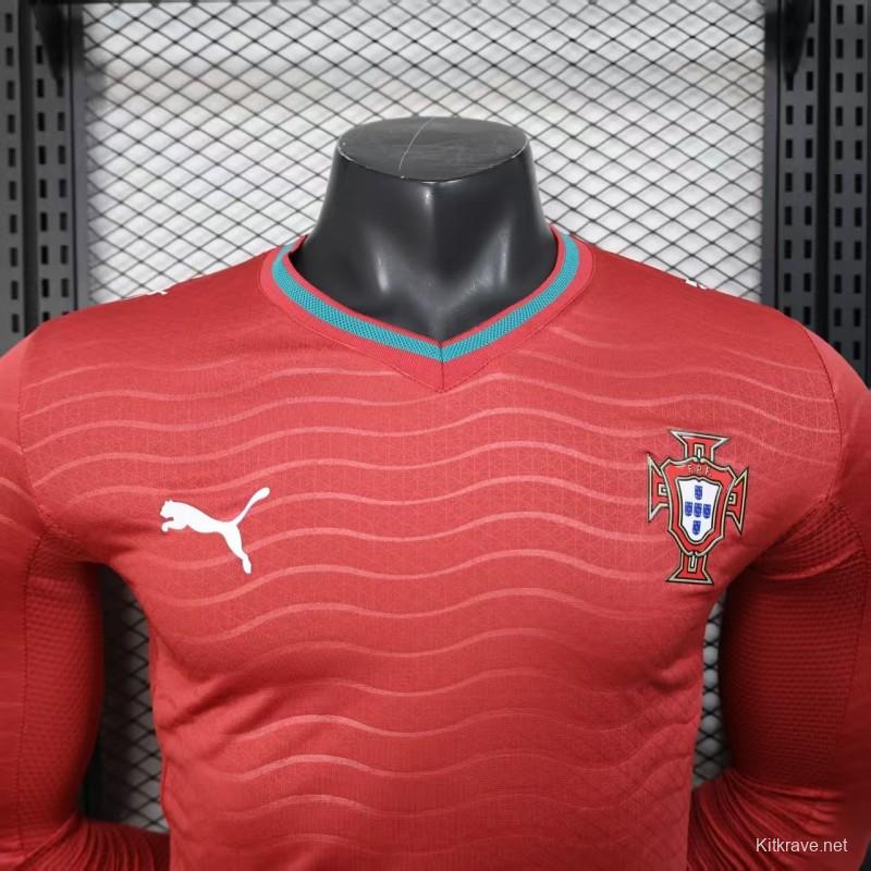 Player Version 2026 Portugal Home Long Sleeve Red with Horizontal Wave Pattern Jersey