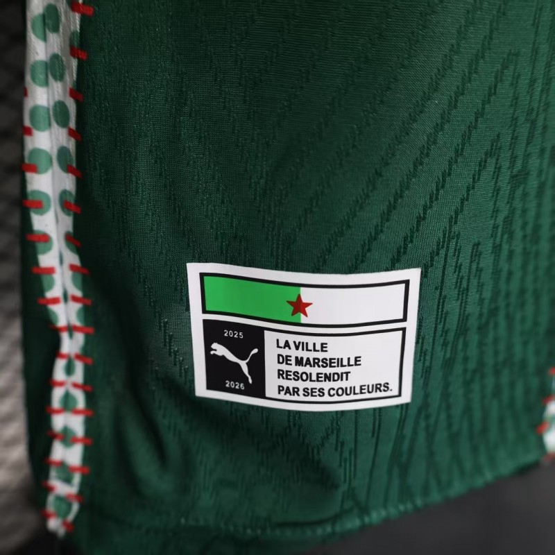 25/26 Player Version Marseille White and Green with Vertical Stripe and Dot Pattern Jersey