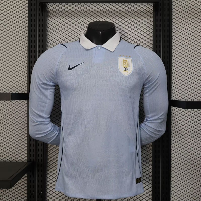 2026 Player Version Uruguay Light Blue with White Collar Long Sleeve Jersey