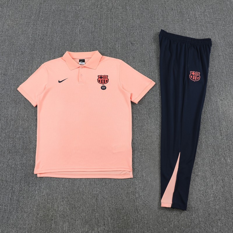 26/27  Barcelona Salmon Pink  Polo Training Shirt + Navy Blue Long Pants Tracksuit