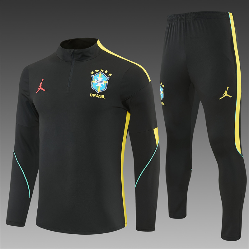 2026 Brazil Black & Yellow Half Zipper Jacket Tracksuit + Long Pants
