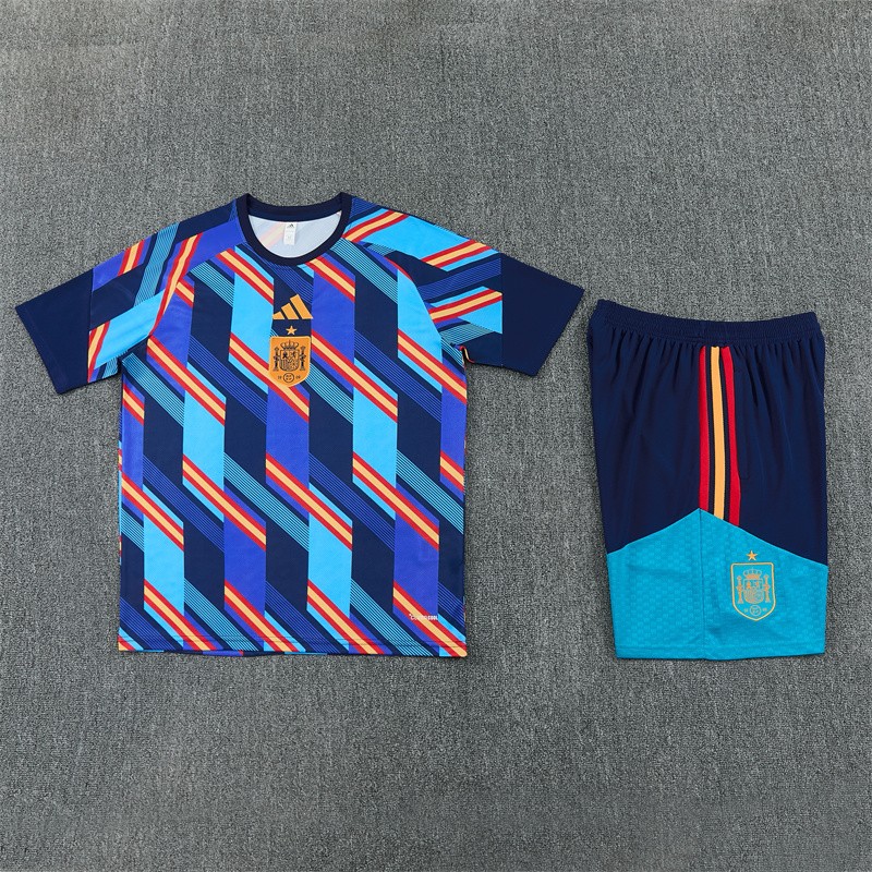 2026 Spain Navy Blue Multi-Color Diagonal Stripe Short Sleeve+Soccer Shorts