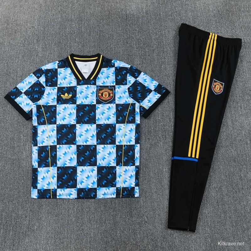 26/27 Manchester United Blue & Black Checkerboard Short Sleeve Tracksuit + Long Pants