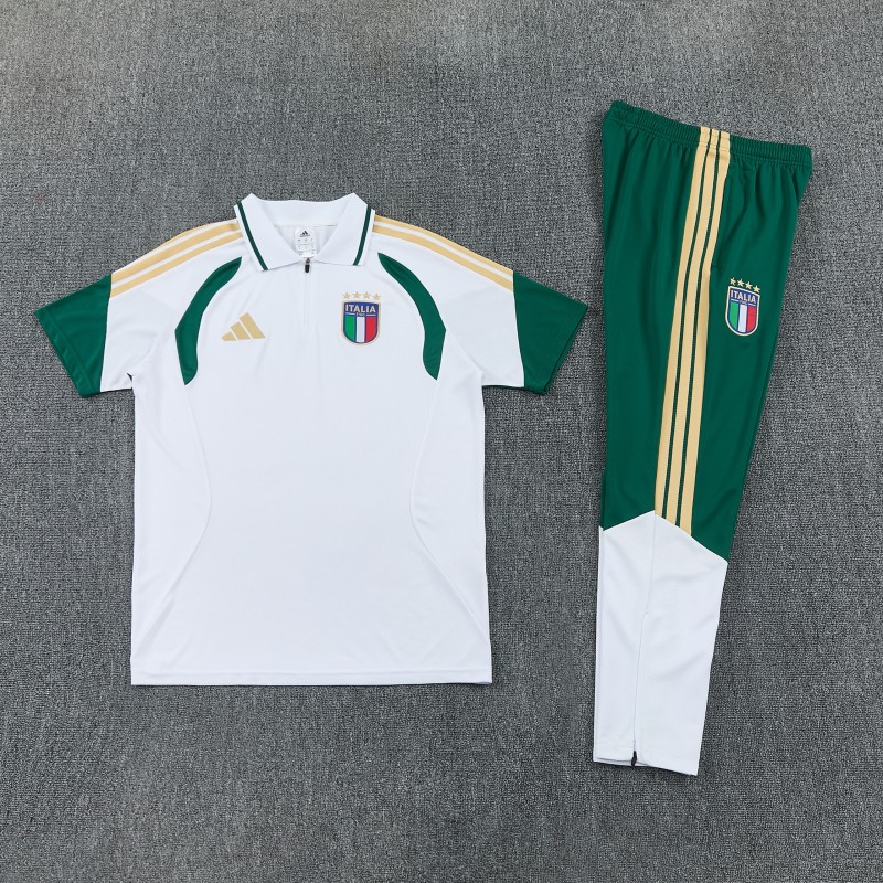 2026 Italy White & Green Half-Zip Polo Short Sleeve Tracksuit + Long Pants