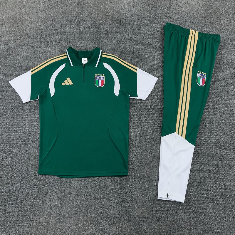 2026 Italy Green & White Half-Zip Polo Short Sleeve Tracksuit + Long Pants