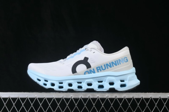 On Cloudmonster 3 Cushioned Running Shoes – White/Light Blue with Black Logo