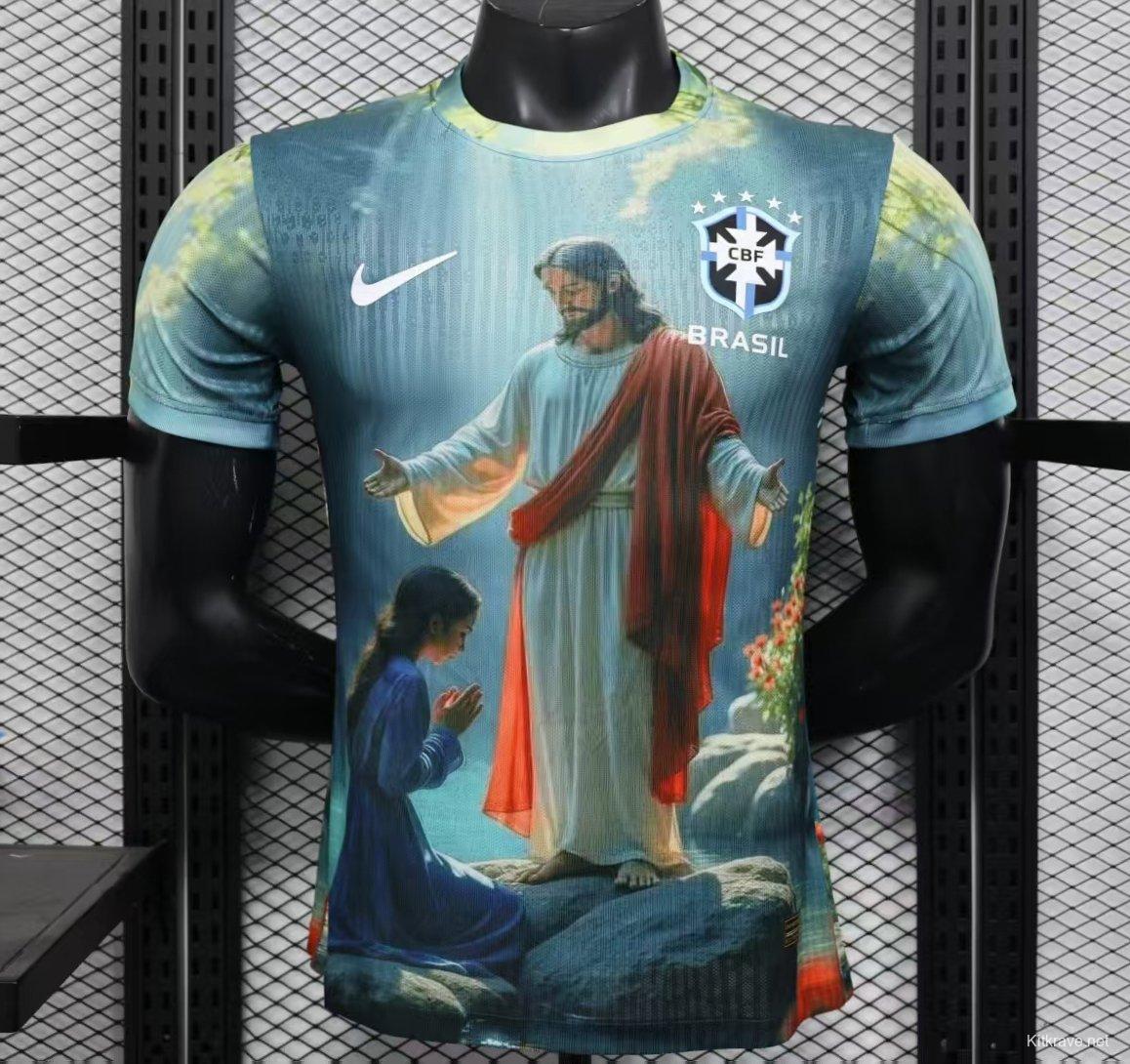Player Version 2025 Brazil Light Blue with Jesus Christ Religious Artwork Jersey