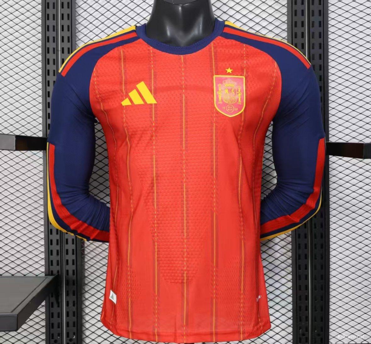 Player Version 2026 Spain Home Long Sleeve Red with Vertical Stripe Pattern Jersey