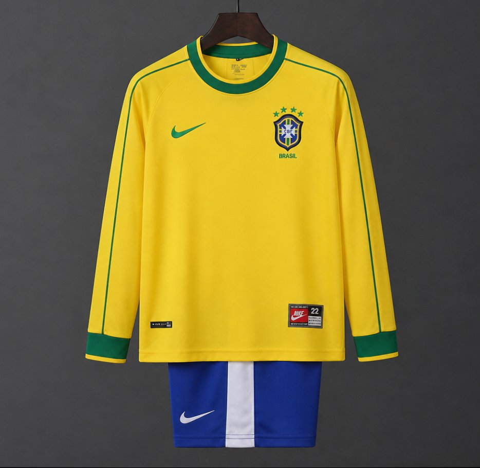 Retro Kids 1998 Brazil Home Long Sleeve Jersey