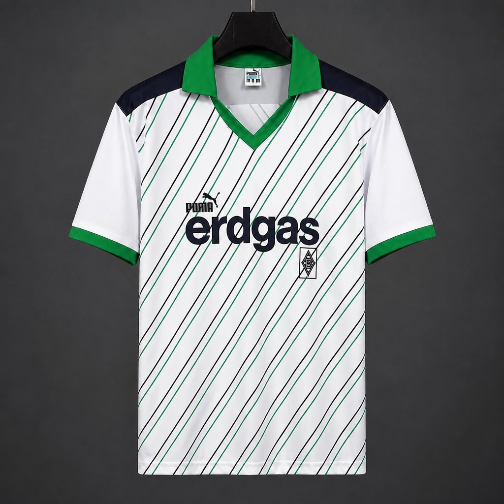 Retro 85/86/87 Borussia Monchengladbach Home White/Green Diagonal Stripes Jersey